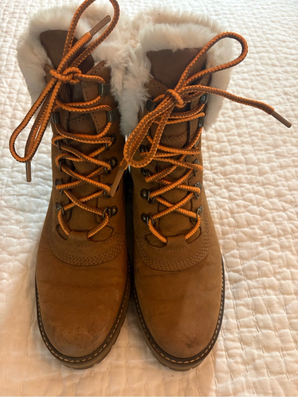 Timberland Tan Lace-Up Faux Fur Collar Hiking Boots